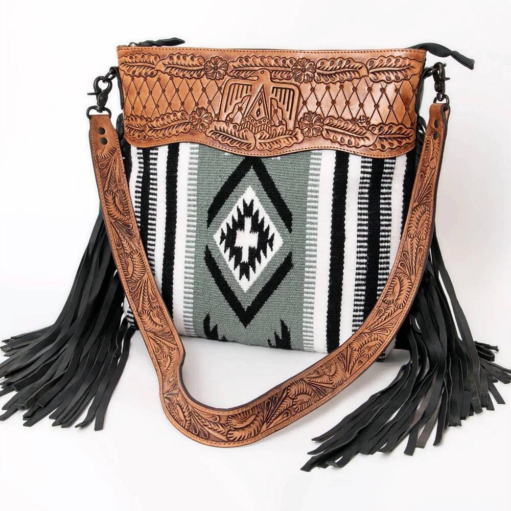 NEW AMERICAN DARLING women's dayville leather crossbody bag in grey aztec